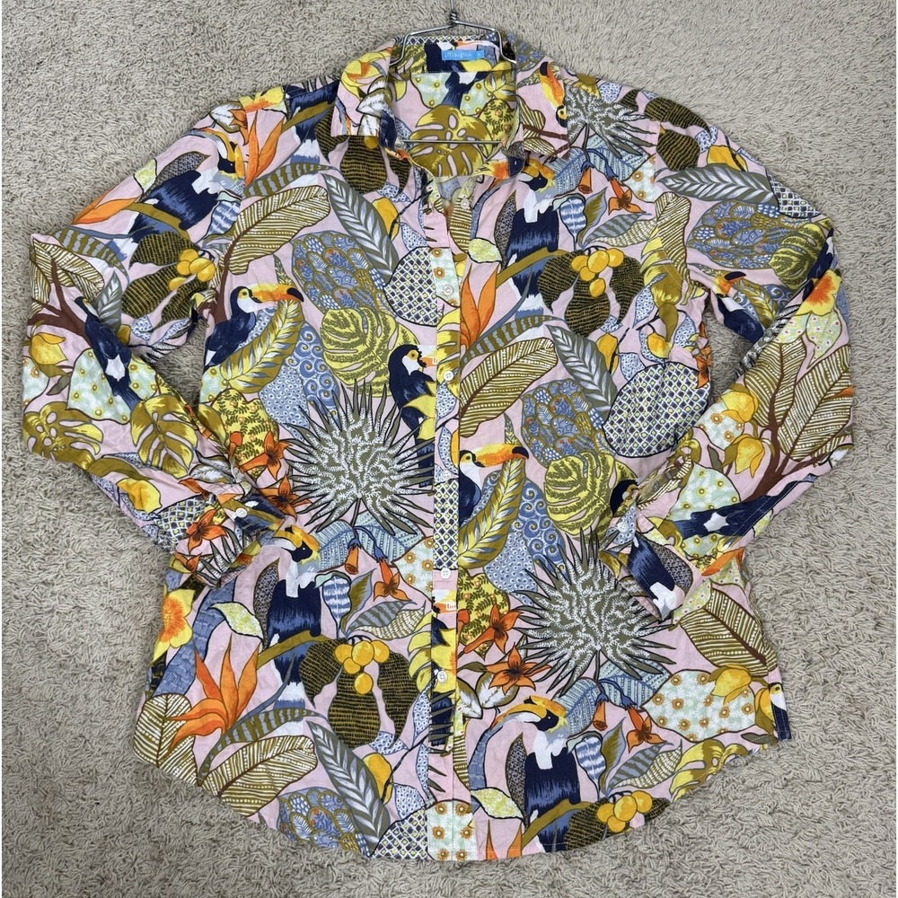 J. McLaughlin Tropical Toucan Long Sleeve Button Up Shirt Sz M Stretch Coastal - Picture 5 of 9